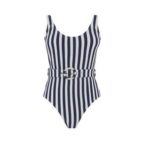 WAREHOUSE Women's BRETON Stripe Belted One Piece Swimsuit Navy/White Sz 8 NEW